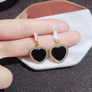 3/$35 Black Enamel Heart Drop Earrings Gold Tone Rhinestone Halo Dangle Jewelry
